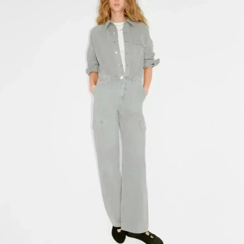 ZARA LONG DENIM Cargo utility JUMPSUIT Gray button zip
